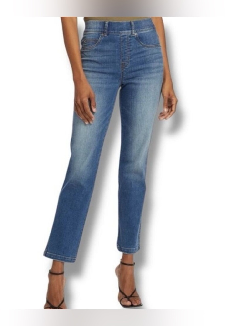 Spanx straight leg ankle jeans pull on vintage indigo small tummy control